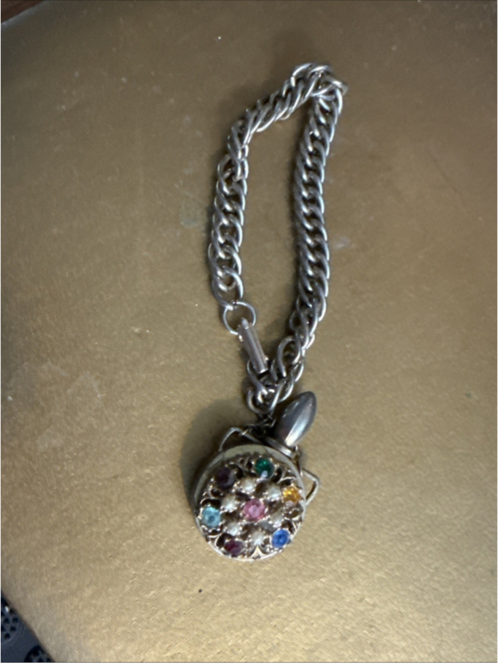 VTG Opening Perfume Bottle w Rhinestones Pendant or Charm On Bracelet